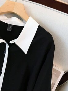 EMERY ROSE 大码女式法式长袖衬衫，初秋专业工作服衬衫 - 黑與白 - 查看 6