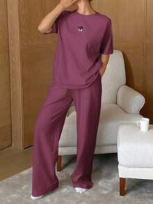 DAZY Cute Cartoon Print Raglan Sleeve Loose Pajama Set - Red Violet - View 6