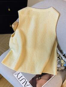 SHEIN 女士休闲心形纽扣针织背心，秋冬 - 黃色 - 查看 2