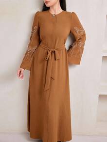 Veilorie Women's Solid Color Round Neck Flare Sleeve Front Button Casual Arabic Style Dress