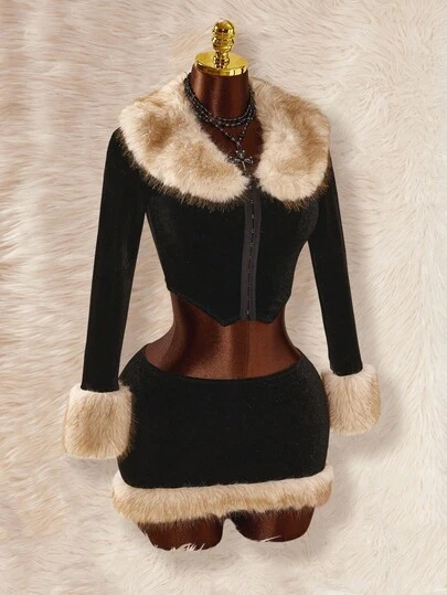  Y2K Amplova 女式性感优雅皮草拼布彼得潘领长袖皮草袖口和皮草拼布超低腰迷你短裙两件套，适合派对和约会蓬松连衣裙女式冬装黑色裙子套装黑色两件套女式，舒适的秋冬女装