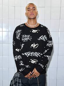 ROMWE MEN Paul Frank X ROMWE Men Cartoon Pattern Crew Neck Long Sleeve Sweater , Fall Winter - Black - View 6