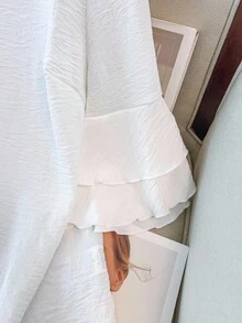 GlowEve CURVE Plus Solid V Neck Flounce Sleeve Blouse - White - View 5