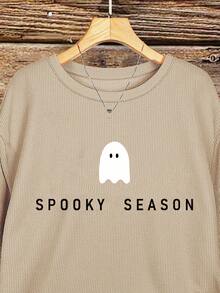 EMERY ROSE Áo nỉ dài tay cổ tròn in họa tiết Halloween thường ngày, quà tặng cho bạn bè, mùa thu/đông - Màu Khaki - Xem 3