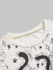 ROMWE Avant 女式复古万圣节黑猫、星星、月亮印花水钻基本款圆领紧身 T 恤 - 杏色 - 查看 3