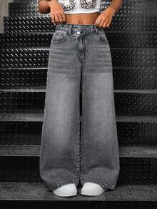 Tween Girl Y2K Streetwear Asymmetrical Waist Loose Fit Grey Washed Denim Baggy Straight Leg Jeans Wide Leg Grey Pants,Winter Jeans,Graduation,Autumn Fall Winter,Back To School Homecoming,High-Waisted Long Wide Leg Denim Jeans,Streetwear Style,Winter Pants, Wide Leg Jeans, Baggy Street Jeans, Baggy Jeans For Y2k, Grey Baggy Jeans - Grey - View 5
