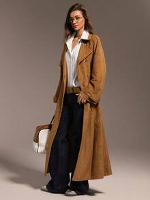 Hanevo Women's Autumn/Winter Street Fashion Casual Faux Suede Lapel Double-Breasted Long Sleeve Belted Long Trench Coat - Brown - View 5