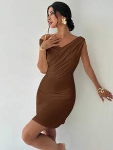 Firerie 女士优雅简约时尚性感日常通勤音乐节度假不对称领口垂褶白色A字迷你连衣裙，春夏婚礼宾客礼服 - 棕色 - 查看 7