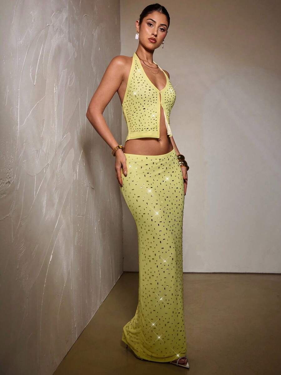 SHEIN BAE 女士优雅水钻装饰半身裙，夏季 - 黃色 - 查看 1