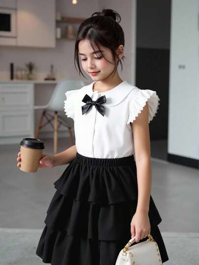 SHEIN 优雅少女时尚套装，蓬蓬裙搭配荷叶袖上衣，饰以法式蝴蝶结，尽显淑女风范，法式时尚，甜美公主范儿。