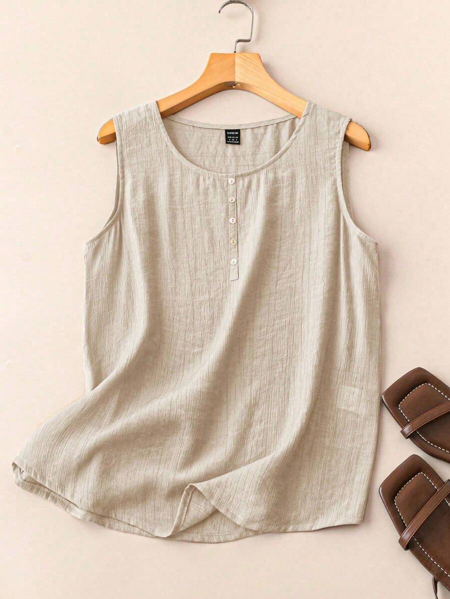 EMERY ROSE 女士纯色纽扣装饰休闲圆领吊带背心，夏季 - 杏色 - 查看 1