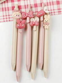 SHEIN 黑色凝胶墨水塑料点击粉色奶油色可爱女孩笔 - 多色 - 查看 3