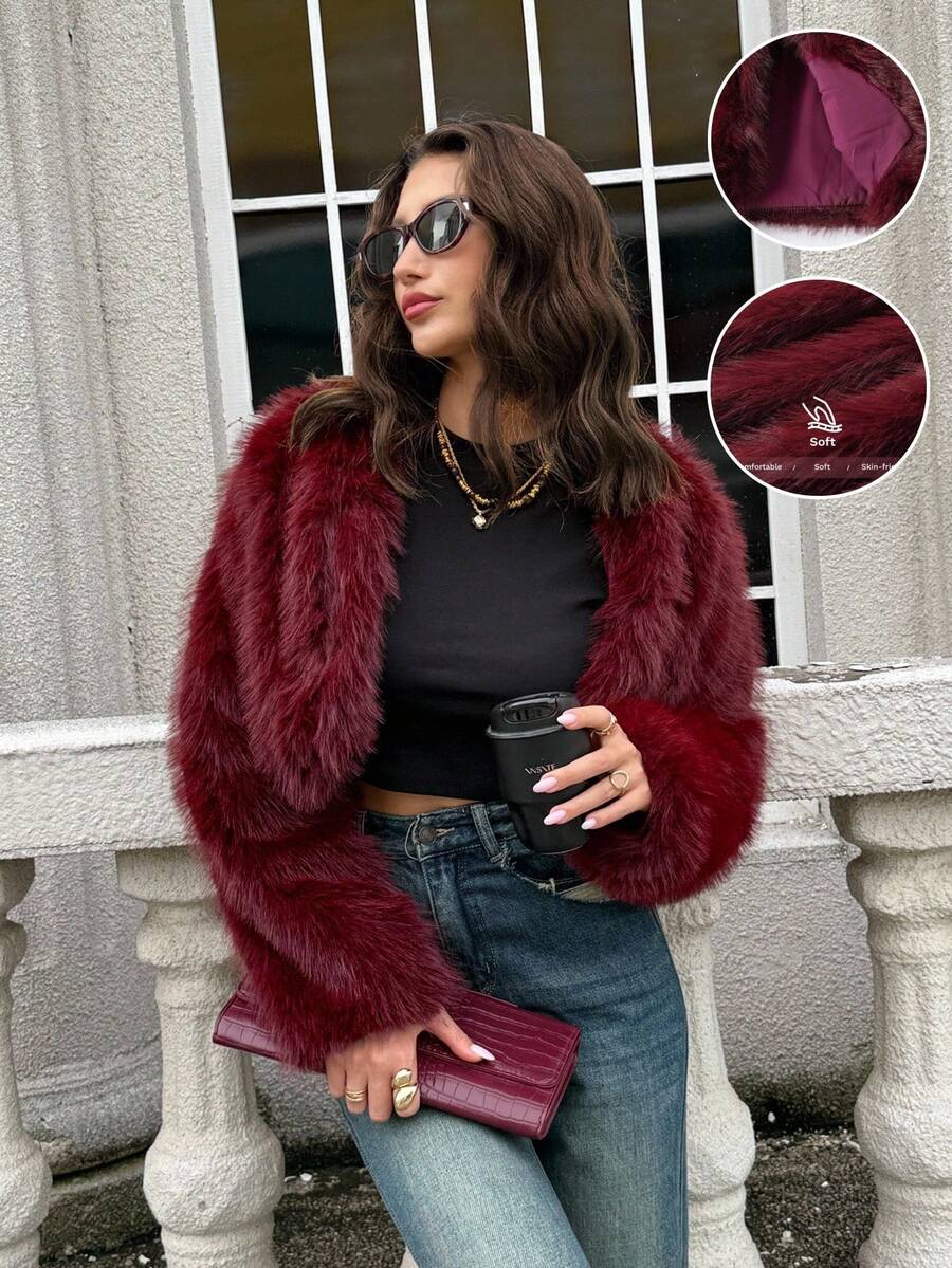 Firerie Women's Fashionable Elegant Minimalist Burgundy Faux Fur Short Coat, New Autumn/Winter Jacket