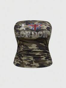 ROMWE J-Fashion Plus Size Women Camouflage Rhinestone Decor Bandeau Top - Army Green - View 1