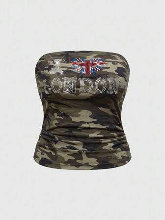 J-Fashion Damen Große Größen Camouflage Strass Dekor Bandeau Top