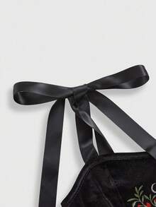 ROMWE Áo crop top hở lưng màu đen thêu hình trái tim phong cách cung điện Gothic dành cho nữ, đính đá, pha lê hình giọt nước, trang trí ngôi sao - màu đen - Xem 4