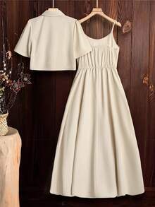 Ellevyn 2 件套女士亚麻纹理无袖连衣裙搭配短袖衬衫夹克，优雅修身，适合日常穿着，春夏季 - 卡其色 - 查看 2