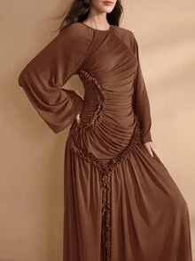 Graceveil Women's Extra Long Spring/Summer Mesh Knit Ruffle Hem Split Modest Elegant Charming Fashion Dress - Coffee Brown - View 6