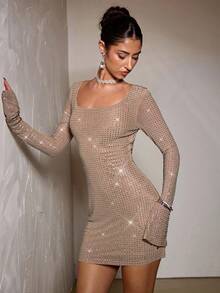 SHEIN BAE Autumn Solid Color Nude Color Rhinestone Crystal Shiny Long Sleeve Square Neck Bodycon Mini Dress, Nude Color Dress, Elegant Dress Suitable For Party, Nightclub, Cocktail Party, Banquet, Night Out, Ball,Halloween, Christmas,Winter Dress Women ,Fall Clothes For Women,Christmas Party Dress,New Year Dress,Elegant Dress Women,Wedding Guest Dress, Sequin Dress