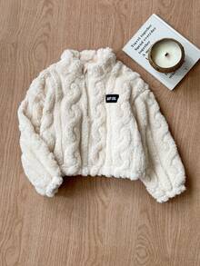 SHEIN 女童休闲半拉链立领抓绒卫衣，带贴布，纯杏色，秋冬季，返校季抓绒套头衫，秋冬款 - 杏色 - 查看 2