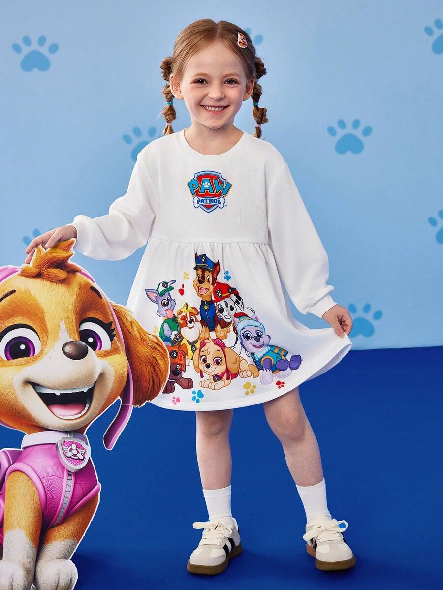 SHEIN | PAW Patrol 小女孩可爱卡通小狗印花圆领长袖针织白色连衣裙，适合秋冬 - 白色 - 查看 1