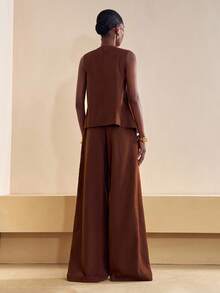Zivah Summer Chic Dark Brown 2-Piece Set:Sleeveless Pleated A-Line Top & Wide Leg Pants,Brunch,Vacation,Beach,Cruise Travel,Streetwear Boho Outfit For Women - Brown - View 2