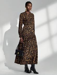 Almamuse Women's Leopard Print Loose V-Neck Tie-Up Long Sleeve Dress Fall Cloth For Women - Multicolor - View 4