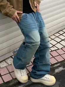 Manfinity EMRG Men's Casual Washed Patchwork Denim Jeans Y2K Vintage Washed Blue OVERSIZE Party College For Double Knee Jeans - Light Wash - View 3
