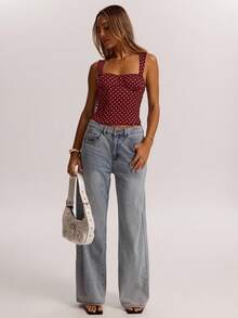 SHEIN BAE 女士约会之夜女友聚会生日派对夜店假日派对优雅波点上衣，女友聚会，约会，日常通勤束身衣，性感夏季上衣，可爱上衣，红色上衣 - 酒紅色 - 查看 5