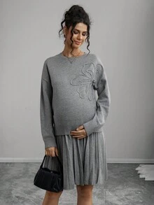Momance Handmade Floral Solid Color Maternity Sweater Set, Minimalist Chic 3D Flower Round Neck Knit Suit - Grey - View 1