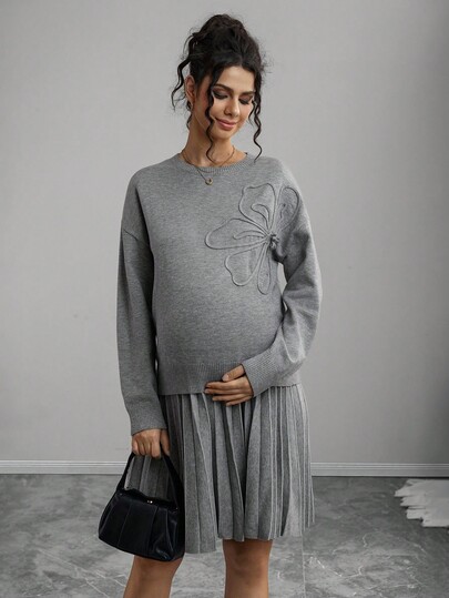 Momance Conjunto de suéter de maternidad de unicolor con flores hechas a mano, conjunto de punto minimalista y elegante con flores 3D de cuello redondo