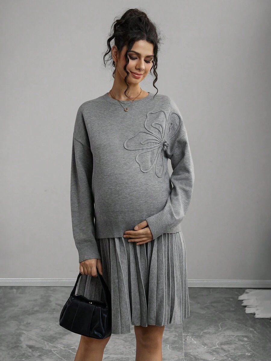 Momance Handmade Floral Solid Color Maternity Sweater Set, Minimalist Chic 3D Flower Round Neck Knit Suit - Grey - View 1