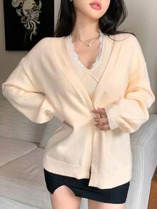 DAZY 2 件套女士优雅蕾丝拼布吊带背心开衫毛衣套装，秋季 - 杏色 - 查看 7