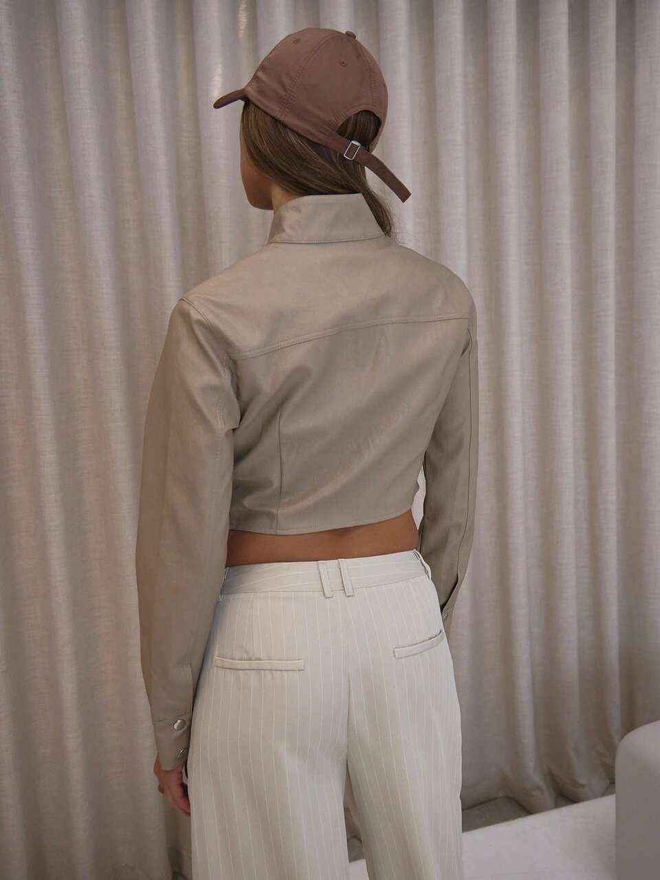 High Neck Fitted Tapered Waist Faux Leather Racer Jacket Cute Classy Sexy Streetwear Fall Autumn Night Out Elegant Holidays Spring Summer