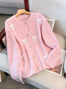 GlowEve CURVE 大码蝴蝶结装饰休闲长袖前扣开衫 - 粉色 - 查看 3