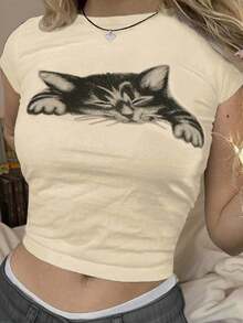 INAWLY Women's Cat Printed Round Neck Short Sleeve Cropped Casual T-Shirt, Summer Graphic Tees Women Tops - Beige - View 4
