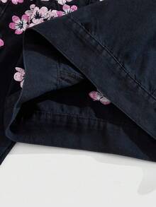 ROMWE MEN Casual 男士时尚花卉刺绣领拉链牛仔夹克 - 黑色 - 查看 6