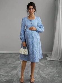 SHEIN 孕妇圆领提花面料纽扣前长袖连衣裙，春秋 - 藍色 - 查看 7