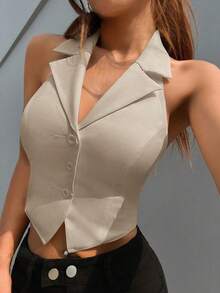 SHEIN EZwear 秋冬卡其色梭织无袖女式西装外套 - 卡其色 - 查看 1