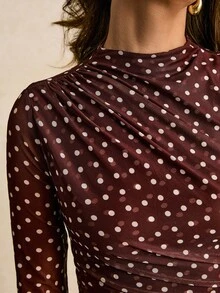 Poéselle Polka Dot Top, Ruched Long Sleeve Top , Chic Y2K Night-Out Layer, Women's Stand Collar Polka Dot Long Sleeve T-Shirt, Mesh Top, Fall Fashion, Y2k Party Top, Suitable For Daily Wear, Going Out, Commuting, Dating, Home And Other Occasions - Brown - View 3