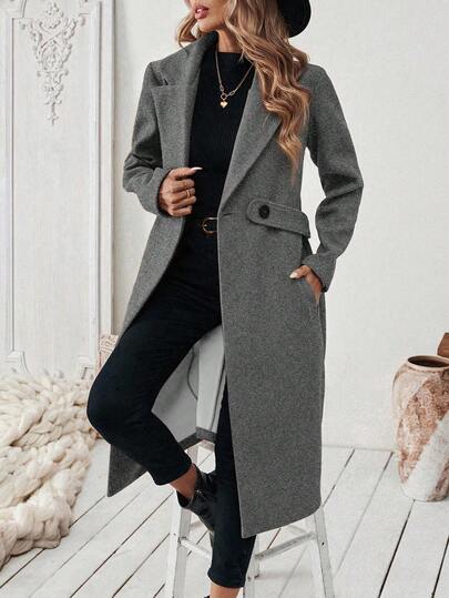 EMERY ROSE Winter Coat Fashionable & Versatile Notched Collar Belted Overcoat, Autumn/Winter Clothes For University Fall Cloth For Women