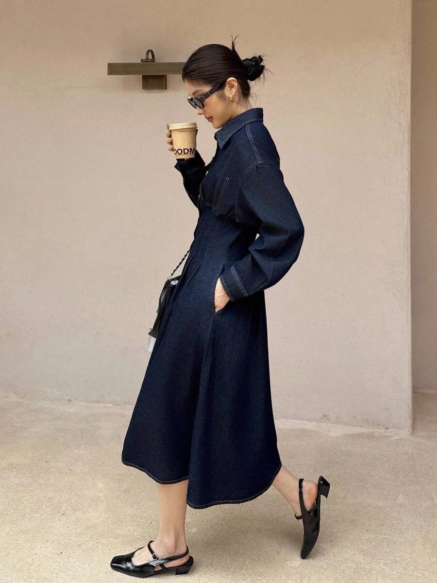 K-Vae 女装秋冬深色牛仔黑腰牛仔长裙，老款牛仔连衣裙，韩版，万圣节服装，别致秋季 - 深色水洗藍 - 查看 1