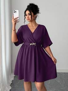 Elenzga 优雅V领收腰短款红色晚礼服，夏季休闲简约风格