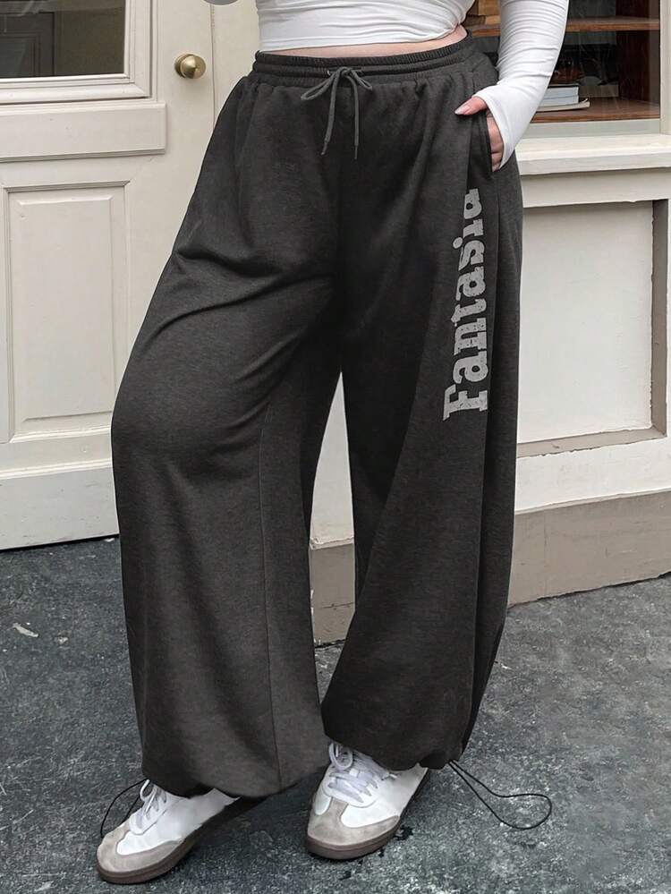 Dazy Plus Letter Print Washed Distressed Loose Streetwear Style Plus Size Women Long Jeans, All Season Jogging Pants Sweatpants Women Joggers