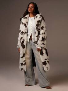 Athîral Women's Snowy White & Mocha Patterned Faux Fur Maxi Coat | Long Plush Fabric, Dramatic Oversized Lapel Collar, Relaxed Straight Cut, Full-Length Sleeves, Abstract Double-Tone Animal Print, Invisible Seam Finish, Luxe Capsule Wardrobe Essential For Winter Office Layering & High-Warmth Style, Cow Print ,Coat Long Faux Fur Coat, Cow Print Coat, Halloween Costume,Winter Jacket For Women - Multicolor - View 4