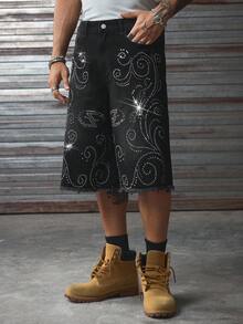 AXEPEAK Quần short Bermuda đính đá pha lê rộng rãi thoải mái dành cho nam - màu đen - Xem 6