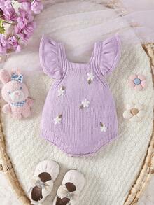 SHEIN 女婴花卉刺绣针织连体衣，优雅百搭，适合日常穿着、居家、户外和旅行 - 紫色 - 查看 1