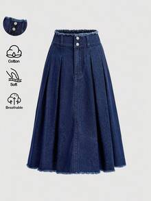 SHEIN Girlism Tween Girls Fall/Winter Fashion Versatile Navy Blue Denim Raw Edges Long Pleated Skirt,For Girls Fall/Winter  Dailywear Costume,Girls Streetwear Outfits And Back To School Clothes,Girls Christmas Outfits,  Denim Pleated Skirt, Pleated Denim Skirt, Frayed Denim Skirt, Raw Hem Denim Skirt - Dark Wash - View 5