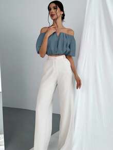 Aloruh 女式纯色时尚露肩V领收腰衬衫 - 水鴨藍 - 查看 5