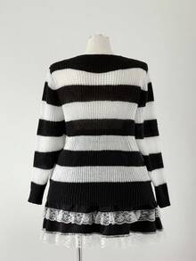 Sweetra Black & White Striped Pullover Sweater, Zipper Decor, Dark Style For Women Fall Winter Cloth For Women Autumn - Black and White - View 2